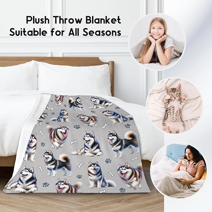Husky Blanket for Adults - Dog Theme Gifts for Kids Dog Mom Dad - Warm Plush Throws Decor with Husky Print (50"x60")