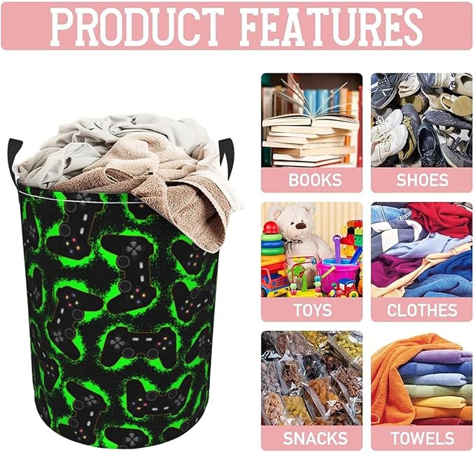 Game Joystick Laundry Hamper Bag With Waterproof Liner - Gamer Gamepad Round Laundry Basket Foldable Clothes Storage Organizer For Bathroom Bedroom Nursery Dorm, M-19.6"X 15.7"