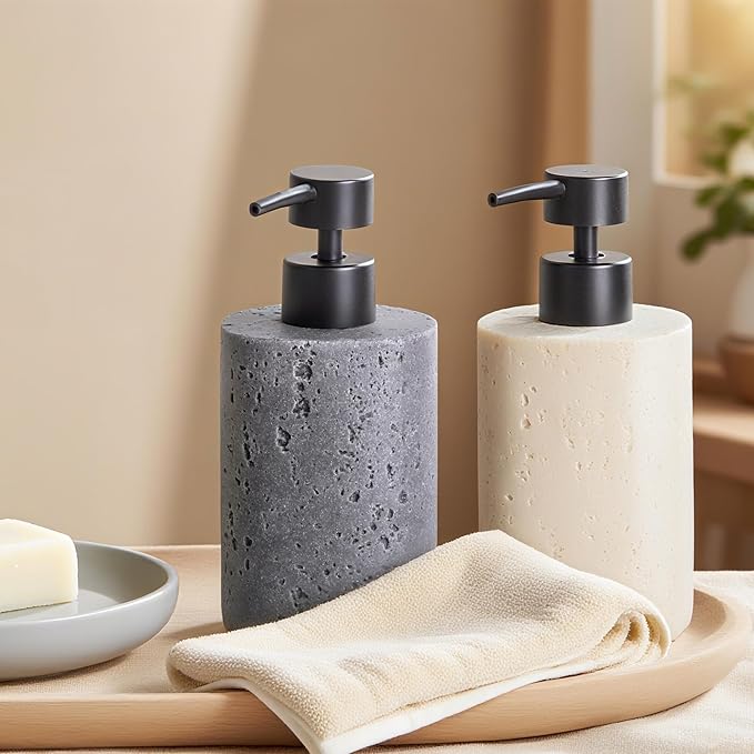 2 Pack Gray Resin Soap Dispensers, Refillable Liquid Lotion Dispenser Bottles with Travertine-Look for Bathroom and Kitchen Countertop, Modern Stone Texture (10.8 oz)