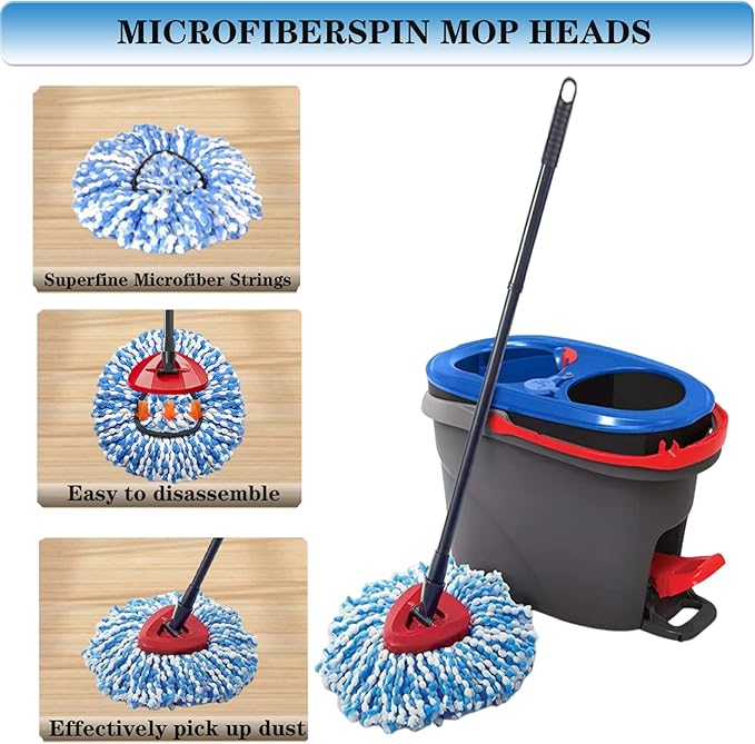 3 Pack Mop Replace Heads Compatible for OCeda, Spin Mop Refill Head Replacement for RinseClean 2-Tank System - Fluffy Microfiber, Machine Washable and Easy to Replace