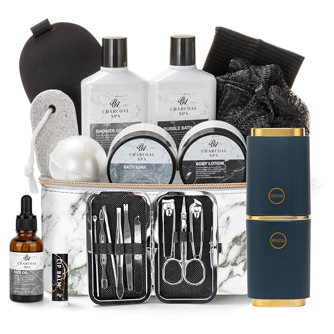 23pcs Bath and Body Gift Basket for Men and Women, Charcoal Luxury Home Spa Kit, Beard Care, Cosmetics Leather Bag, Face Oil, Birthday Gift, Self Care, perfect for Christmas, Holiday, Father's Day