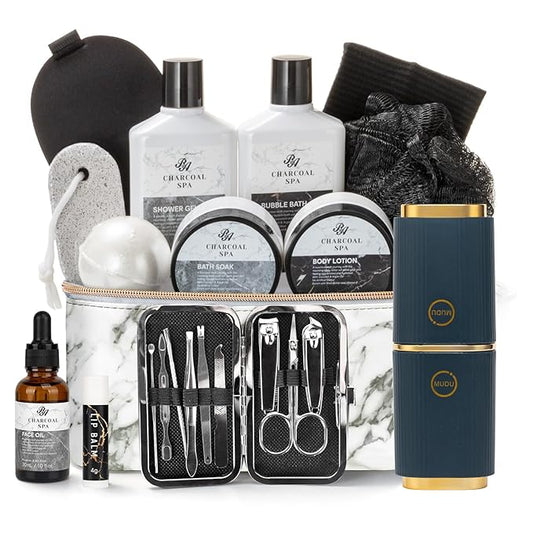 23pcs Bath and Body Gift Basket for Men and Women, Charcoal Luxury Home Spa Kit, Beard Care, Cosmetics Leather Bag, Face Oil, Birthday Gift, Self Care, perfect for Christmas, Holiday, Father's Day