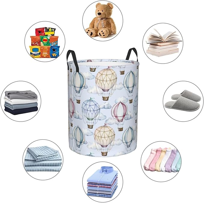 Watercolor Hot Air Balloons And Clouds Laundry Hamper Bag With Waterproof Liner - Round Laundry Basket Foldable Clothes Storage Organizer For Bathroom Bedroom Nursery Dorm, S-16.5"X 13.8"