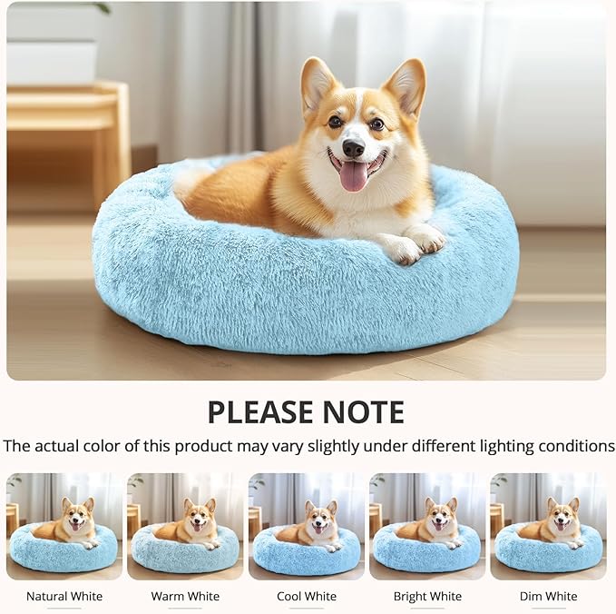 JOLLYVOGUE Small Dog & Cat Beds for Indoor Cats, Donut Cuddler Warming Soft Dog Beds with Anti-Slip Bottom, Round Calming Fluffy Plush Faux Fur Cushion Bed for Medium Dogs (31", Light Blue)