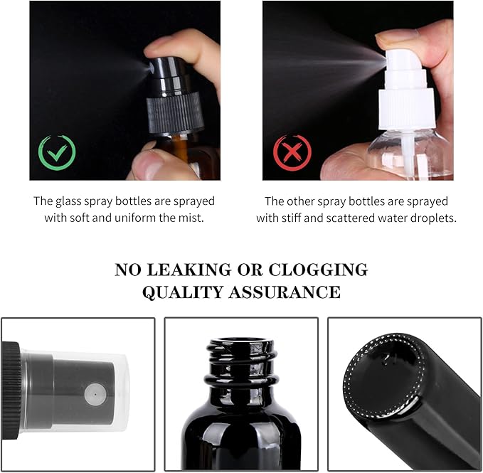 2oz Glass Spray Bottle, Fine Mist Boston Glass Bottles with Black Fine Mist Sprayer Small Clear Bottles for Essential Oils, Bath, Beauty, Hair & Cleaning, UV Black, Pack of 24