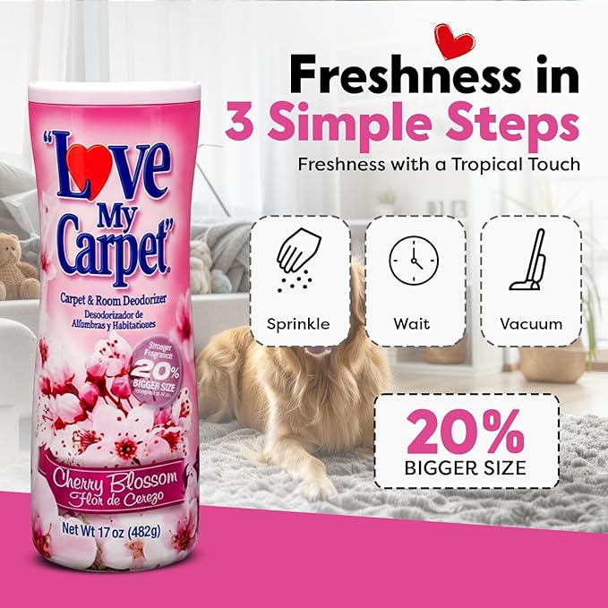 6 Love My Carpet | Carpet Deodorizer & Freshener Powder | 17 oz Pet Odor Eliminator for Strong Odor & Pet Urine | CHERRY BLOSSOM | Safe for Homes with Pets