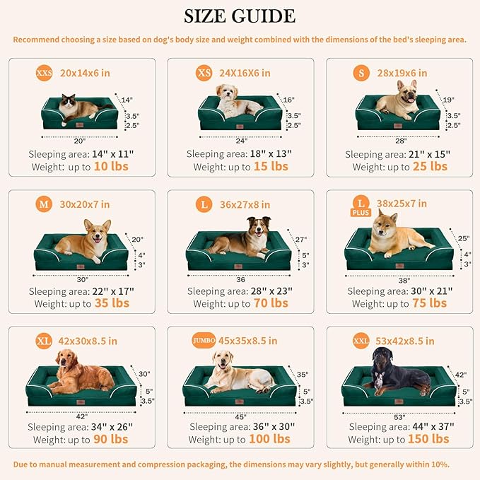 Comfort Expression Orthopedic Dog Bed for Extra Large Dogs 45x35 Inch, Waterproof Supportive Egg Crate Foam XL Pet Bed with Removable Bolsters, Dog Couch with Washable Cover & Non-Slip Bottom, Emerald