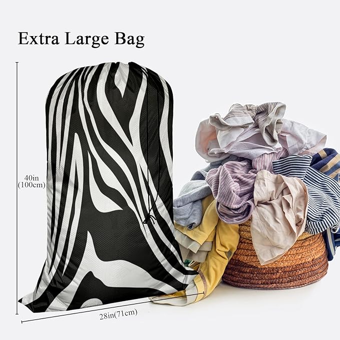 Swono Zebra Stripes Laundry Bag Dirty Clothes Organizer Zebra Print Animal Pattern Skin Extra Large Heavy Duty for Camp Home Dorm Room Essentials for Men Women, Oxford Cloth, Black White