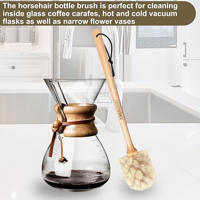 Bottle Brush Cleaner with Horsehair Bristles, 13-3/4 Inch Long Wood Handle Natural Cleaning Brush Cleans and Scrubs Wide Mouth Jars, Glasses, Vases, Mugs and Pitchers