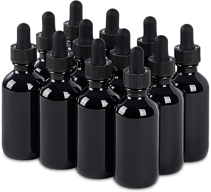 12 Pcs, 2oz Glass Dropper Bottle, Leakproof Tincture Bottles with Dropper, Black Reusable Eye Dropper Bottle, for All Kinds of Liquids (Black, 2oz-12pcs)