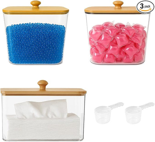 3-Pack Airtight Laundry Storage Containers with Lids - Clear Plastic Detergent Organizers for Laundry Room Organization, Scented Bead Dispenser (3Rectangular)