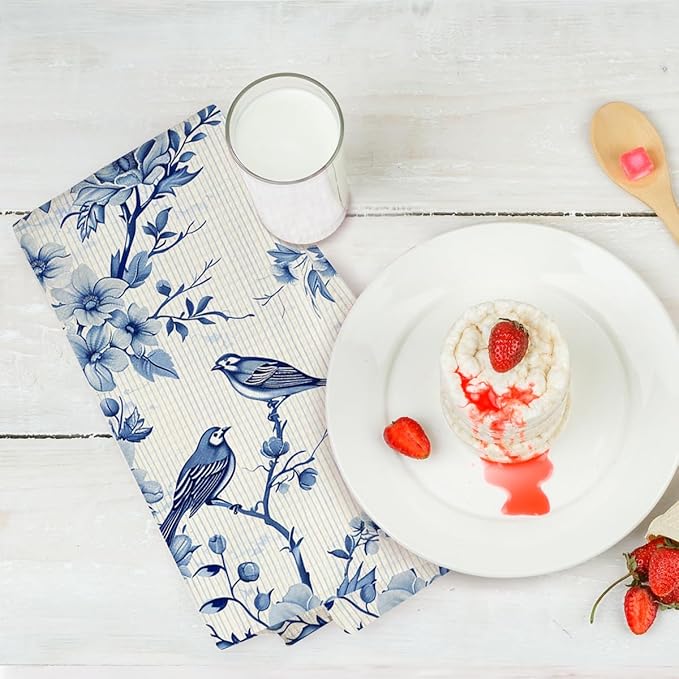 2 Pcs Artistic Bird Kitchen Towels, Floral Art Decorative Absorbent Microfiber Dish Cloth Tea Towel, Waffle Soft Hand Towels for Farmhouse Home Bathroom, Housewarming Gifts