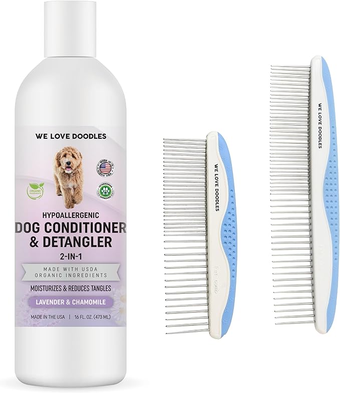 We Love Doodles Dog Conditioner & Dog Grooming Comb - 2-in-1 Conditioner for Allergies & Itching, Lotion Treatment for Dogs, Removes Tangles & Matts, Dematting Pet Combs, Detangler for Matted Hair