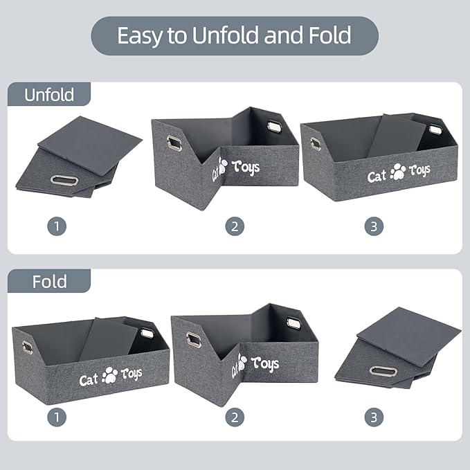 Cat Toy Basket, Kitten Toys Storage Organizer Foldable Fabric Bin Pet Supplies Chest Holder Trapezoid Container with Metal Handles for Organizing Cats Clothes Accessories, Deep Gray