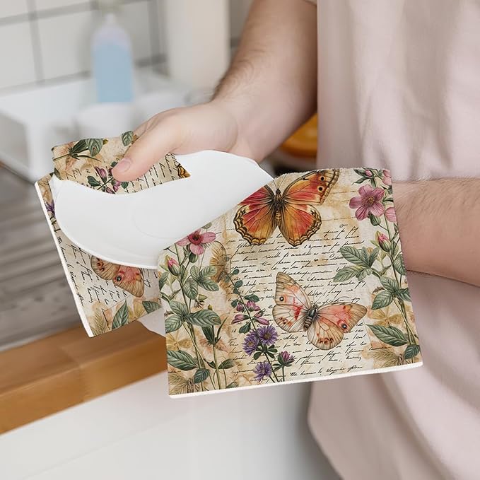 2 Pcs Vintage Butterfly Kitchen Towels, Rustic Botanical Decorative Absorbent Microfiber Dish Cloth Tea Towel, Artistic Waffle Soft Hand Towels for Farmhouse Home Bathroom, Butterfly Gifts 1
