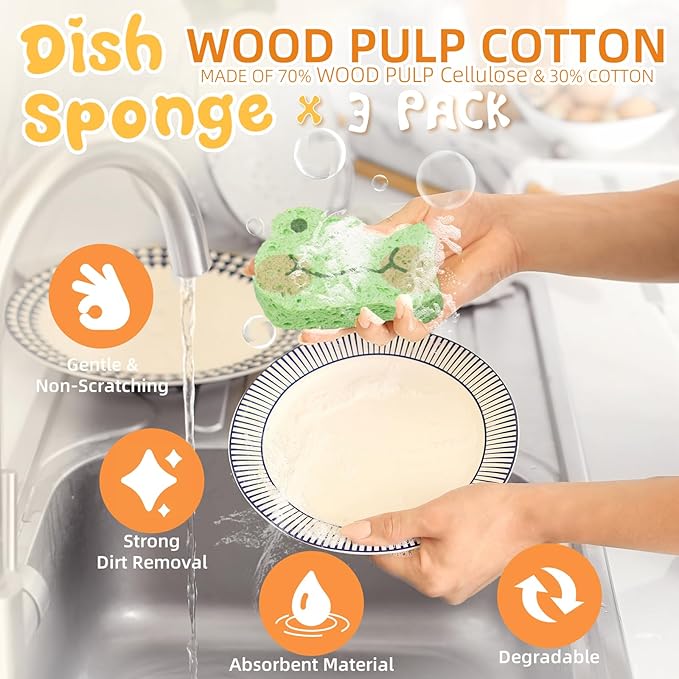 3 Pcs Cute Compressed Wood Pulp Cotton Sponges, Frog Animal-Shaped Reusable and Highly Absorbent for Dishwashing, Kitchen Surfaces, and Bathroom Cleaning