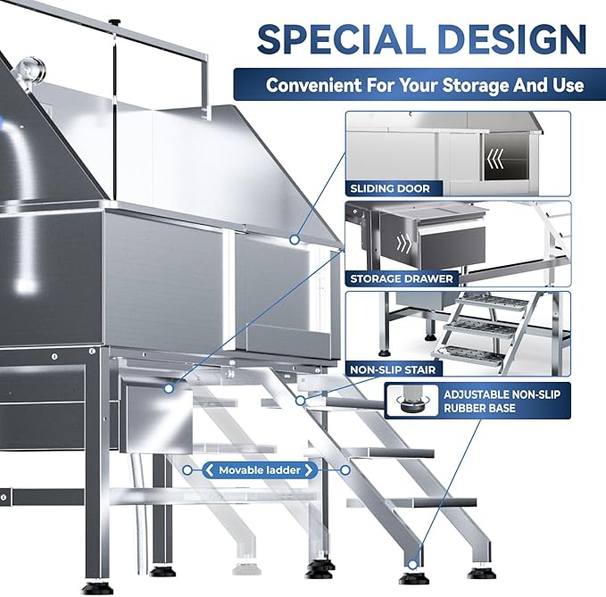 46" Dog Washing Station, Professional Stainless Steel Dog Bathtub w/Ramp & Storage Drawer, Adjustable Grate, Non-Slip Design, Home Grooming & Large Dogs (Right Stair)