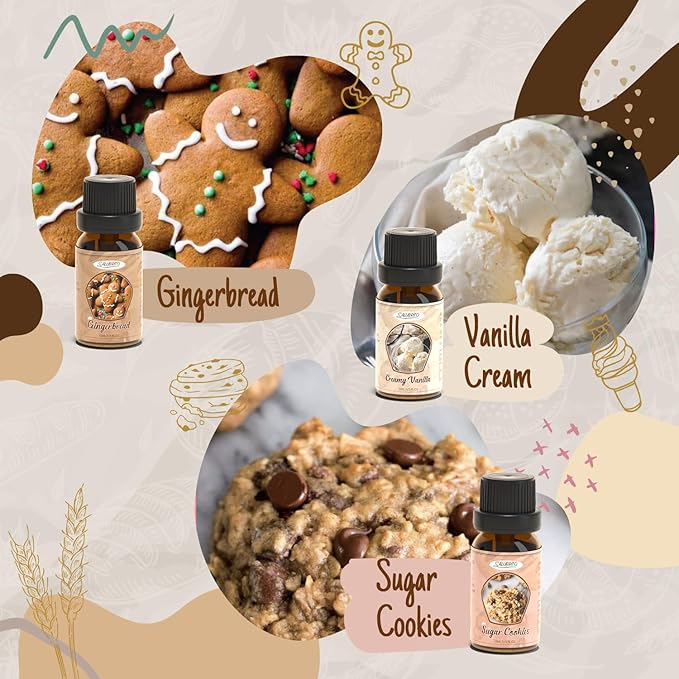 SALUBRITO Bakery Fragrance Oils Set, Premium Essential Oils Set for Candle, Soap Making, Diffuser - Pumpkin Pie, Chocolate Cupcake, Snickerdoodle, Gingerbread, Creamy Vanilla, Sugar Cookies