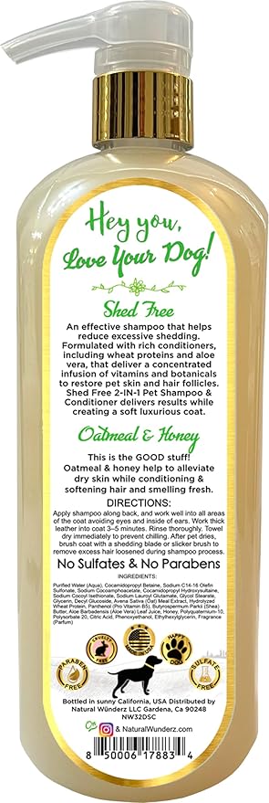 Pet Shampoo & Conditioner, Shed Free 2-in-1, Oatmeal and Honey, Hypoallergenic, Vegan, Natural Extract, for Healthy Skin & Coat, 32 Fl Oz, for Dry Itchy Skin, All Breeds, by Natural Wunderz