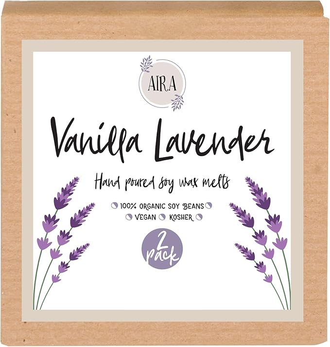 Aira Soy Wax Melt - Organic, Vegan, Kosher, Scented Soy Wax Cubes w/Essential Oil Blends - No Chemical 100% Soy Tart for Electric/Tealight Melters - Hand-Poured Soy Tarts - Vanilla Lavender - 2 Pack