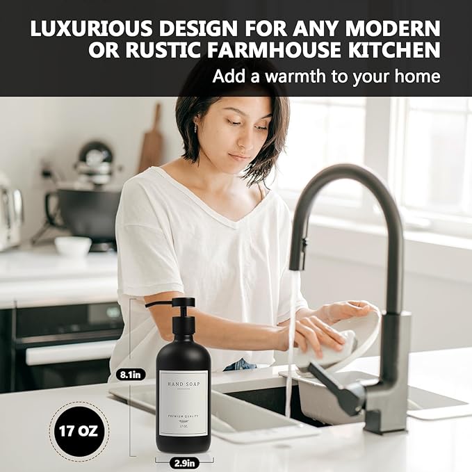 Black Soap Dispenser - Kitchen Hand Dish Soap Dispenser, Glass Bathroom Soap Lotion Dispenser with Tray, Dishwashing Liquid Dispenser, 14 Stickers, Black Bottle/Black Pump-pd
