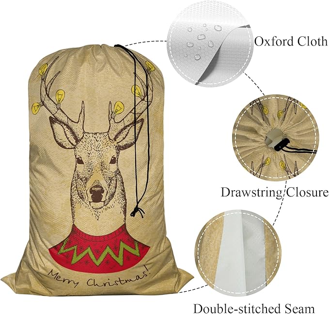 Swono Vintage Christmas Deer Drawstring Portable Large Capacity Laundry Bags Retro Merry Christmas Big Antler Yellow Bulb Travel Storage Bags for, Apartments, Vacations, College