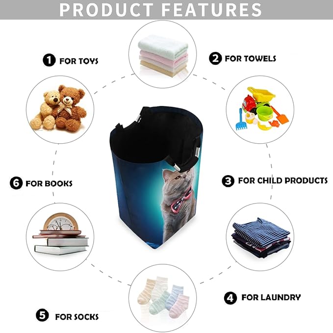visesunny Cat Large Laundry Hamper with Handle Foldable Durable Clothes Hamper Laundry Bag Toy Bin for Bathroom, Bedroom, Dorm, Travel