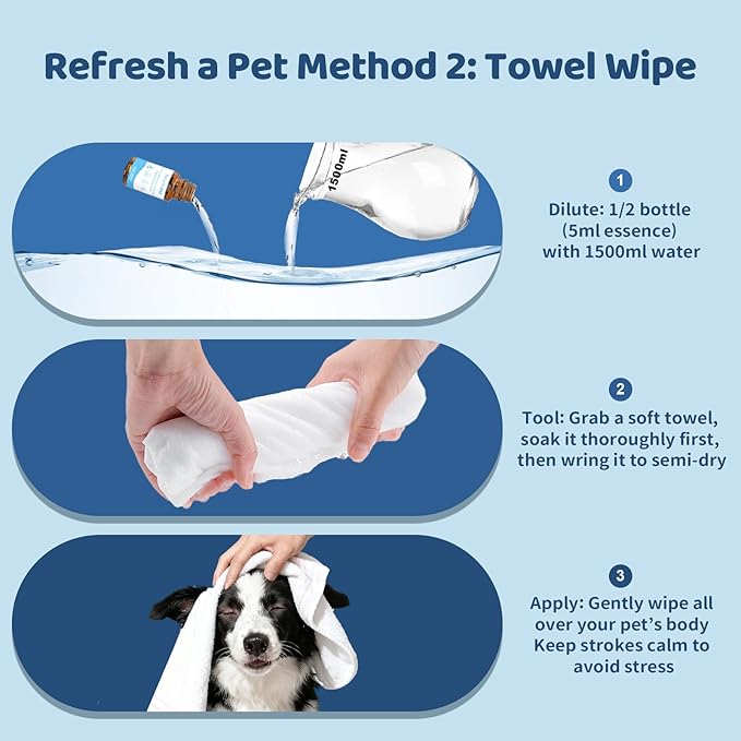 10Pcs Waterless No-Rinse Pet Shampoo Essence for Dogs & Cats, Concentrated Deodorizing Formula Neutralizes Odors & Hydrates Coat with Pomegranate Scent, for Steam Brush,0.34 oz*10