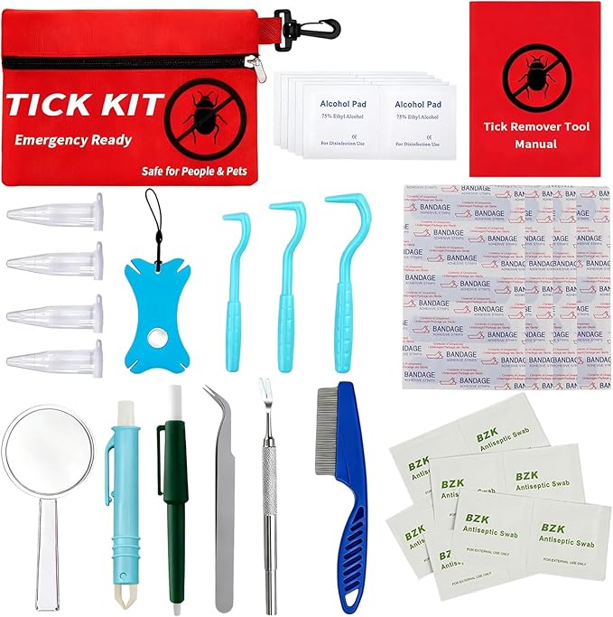 Premium Tick Remover Kit for Humans and Dogs - 54 in 1 Hiking Essentials with First Aid Case, Stainless Steel Tick Remover + Tweezers, Tick Remover Tools for Dogs Cats Pet Tick Comb