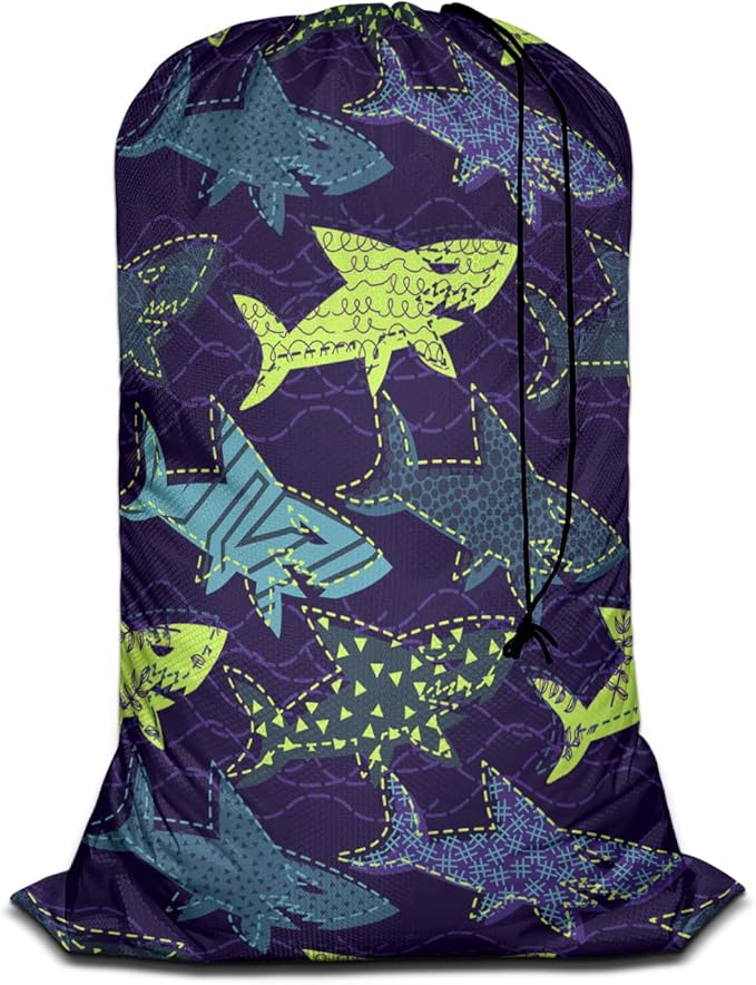 Swono Sharks Laundry Bags 28" x 40", Underwater Sea Life Pattern Versatile - Multi Use, Football Grid Oxford Cloth, Colorful