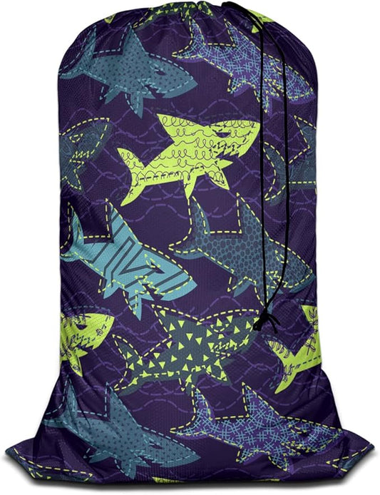 Swono Sharks Laundry Bags 28" x 40", Underwater Sea Life Pattern Versatile - Multi Use, Football Grid Oxford Cloth, Colorful
