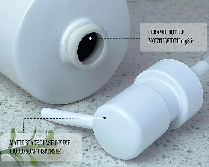 Ceramic Hand Soap Dispenser with Plastic Pump - Simple Style, White Cylindrical Soap Dispenser for Bathroom and Kitchen