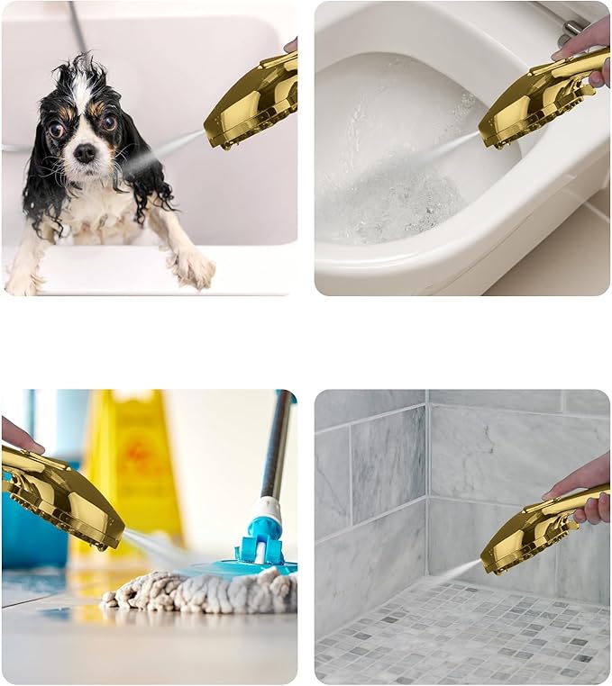 High Pressure Shower head with Handheld 7 Modes, Built-in Power Wash to Clear Tub. Tile & Pets, 5” High Flow Hand Held Hydro Rain Showerhead with Stainless Steel Hose and Adjustable Bracket-Brush Gold