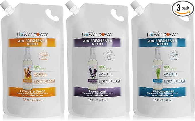 Natural Flower Power Air Freshener Spray Refills - Odor Eliminator w/Essential Oils - Home, Car & Fabric - Cruelty Free & Vegan - Variety Pack - Citrus & Spice, Lavender, Lemongrass - 3 x 16 fl oz