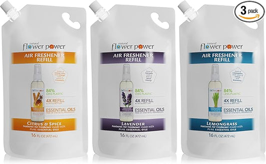 Natural Flower Power Air Freshener Spray Refills - Odor Eliminator w/Essential Oils - Home, Car & Fabric - Cruelty Free & Vegan - Variety Pack - Citrus & Spice, Lavender, Lemongrass - 3 x 16 fl oz