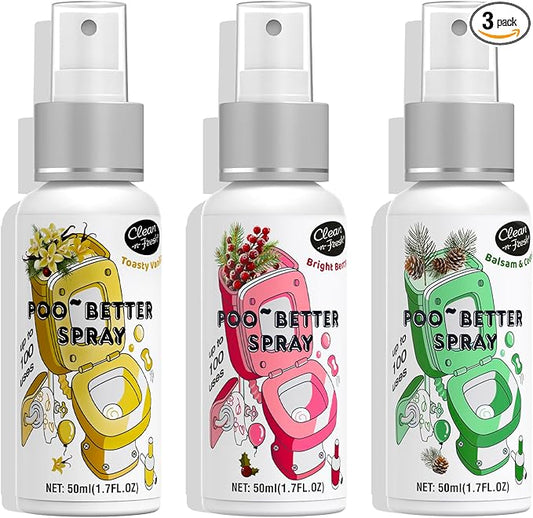 Clean-n-Fresh Holiday Toilet Spray, 3 Pack Gift Set- Balsam & Cedar/Toasty Vanilla/Bright Berry, Bathroom & Toilet Odor Deodorizer, Travel Size Toiletries, Total 5.1 Fl Oz