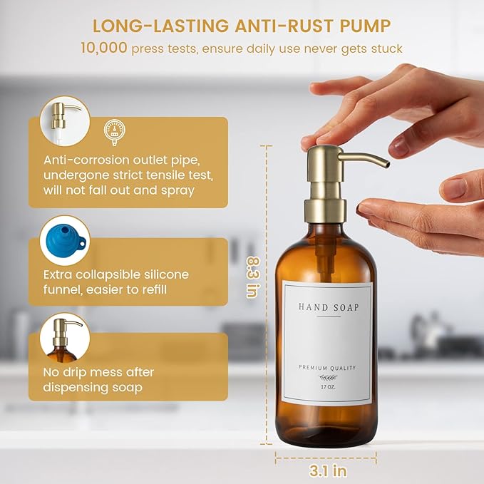 Glass Soap Dispenser for Kitchen, Farmhouse Dish & Hand Soap Dispenser Set, Rustproof Pump Bathroom Soap Lotion Dispenser with Tray, Waterproof Label for Kitchen Decor(Amber