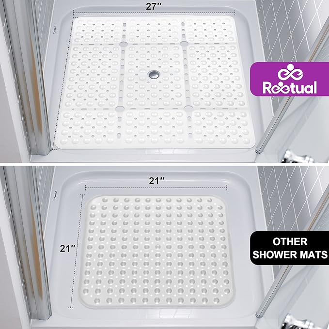 Reetual XL Shower Mat Non Slip - 27x27 Bath Mat for Shower Stall or Large Bathtub Mat with 240 Powerful Suction Cups and Drain Holes. Black Shower Mats for Bathroom (Square White)