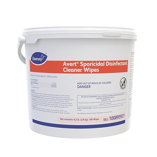 Diversey 100895931 Avert Sporicidal Disinfectant Cleaner, Hospital Grade Kills C. Difficile Spores, Extra Large Size Wipes, 160-Wipes, 1-Bucket (Pack of 4)