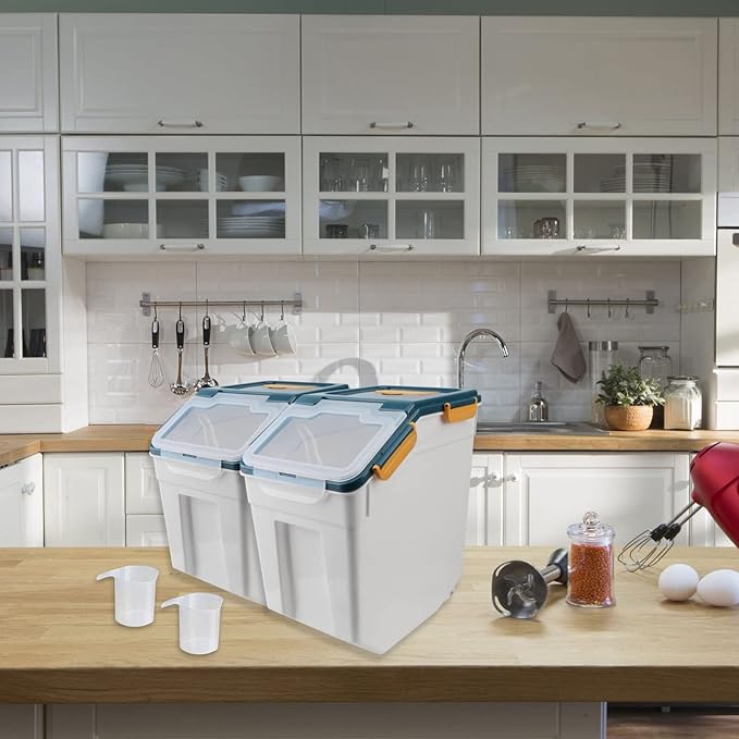 4 Pack Grain Food Storage Container, 20LB Airtight Rice Bin Storage Bucket with Spoon and Measuring Cup, Large Flour Dispenser Container Set 80LB Total Capacity