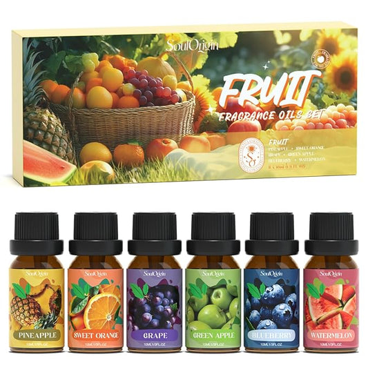 Fruit Essential Oils Set, Fragrance Oil Set for Diffuser, Scent Diffuser Oil for Candle Making- Pineapple, Sweet Orange, Grape, Green Apple, Blueberry, Watermelon