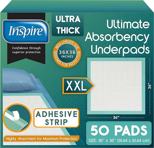 Inspire Extra Large Super Absorbent Disposable Bed Pads for Chronic Incontinence Ultra Thick and Absorbent Bed Pads Disposable Adult | Pee Pads for Adults (36" X 36" Pack of 50 W/ Adhesive)