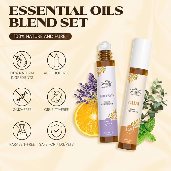 Essential Oils Roll On Set(Calm, Relax, Breathe, Focus on, Sleep, Renew), Natural Aromatherapy Oil Blend Kit with Roller Ball for Massage, Body Skin Care, Home, Relaxation Gift for Women & Men