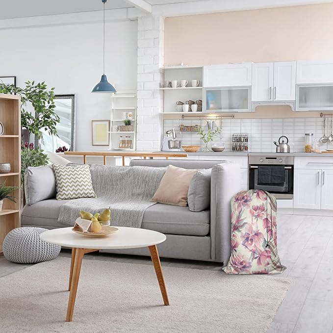 Swono Watercolor Floral Extra Large Laundry Bag with Drawstring Closure 28"x40", Leaf Plant Botanical Petal Bud Ink Flowers for Home, Dorm and Apartment Dwellers, Oxford Cloth, Pink