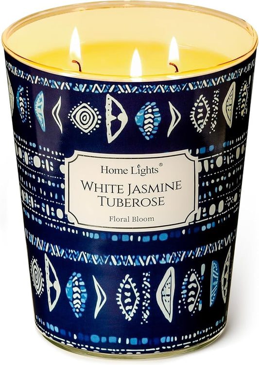 HomeLights Scented Candles for Women & Men, 34oz Candle Jars Aromatherapy 3-Wick Candle, Ideal for Bohemian Natural Textures Home Decor and Gifts, White Jasmine Tuberose