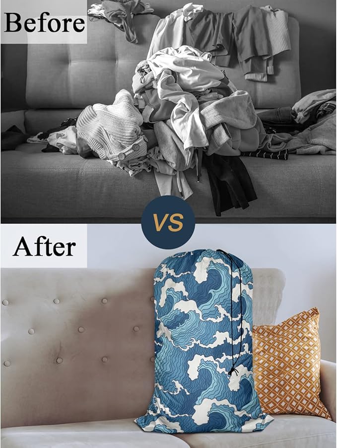 Swono Wave Large Collapsible Laundry Bag - Surf Sea Cartoon Blue White Foldable Hamper, Football Grid Oxford Cloth, Holds 4 Loads, Ocean Theme