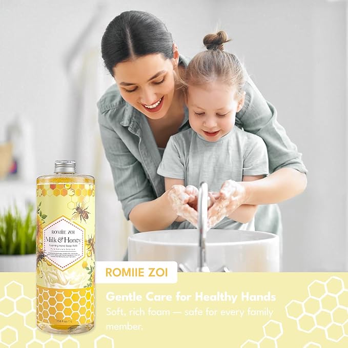 ROMIIE ZOI Foaming Hand Soap Refill Gift Set – Honey & Milk Scent – 3 Pack (1000ML Each) with Dispenser – Gentle & Moisturizing Plant-Based Formula – Bulk Refill Bottles for Bathroom & Kitchen Use
