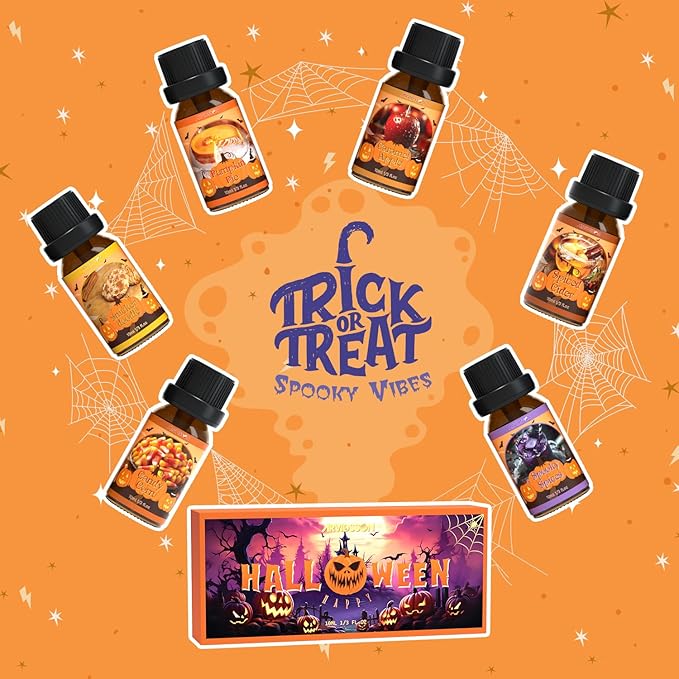 Halloween Fragrance Oils Set, ARVIDSSON Fall Essential Oils for Diffuser - Pumpkin Pie, Spiced Cider, Caramel Apple, Candy Corn, Snickerdoodle, Spooky Spices, Autumn Scented Oil Gift for Women