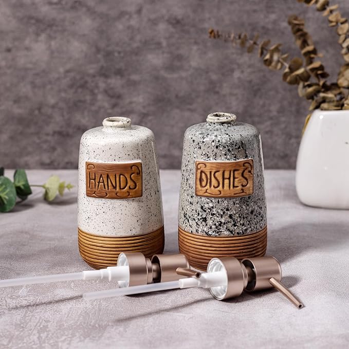 Hand and Dish Soap Dispenser Set, Farmhouse Ceramic Soap Dispenser for Kitchen Sink, 15 OZ Vintage Hand Wash Liquid Dispenser for Bathroom Farmhouse Modern Kitchen Decor Accessories