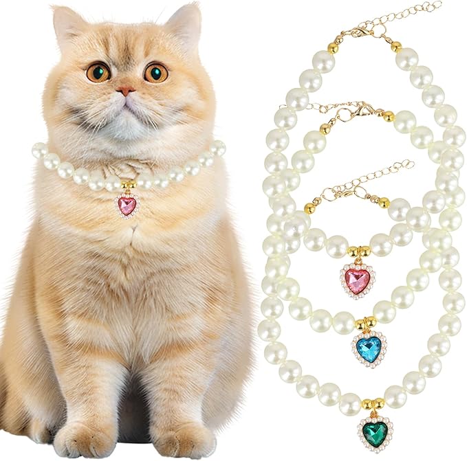 3 Pcs Pearl Cat Collar with Heart Pendant, Adjustable Dog Cats Pet Pearl Collars, Cute Pearl Necklace for Puppies and Kittens (Pink, Green and Lake Blue)
